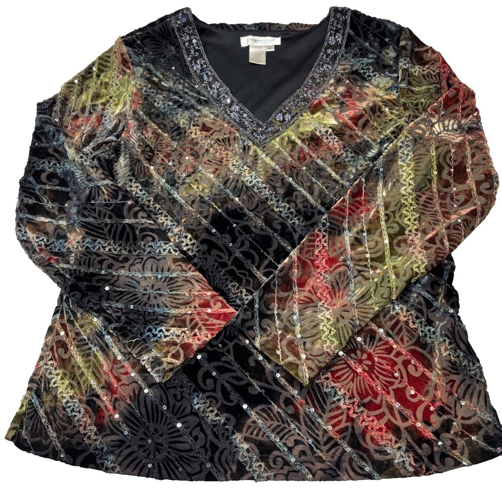 Coldwater Creek Top‎ Womens Med Velvet Stripe Floral Embroidered Sequined Artsy
